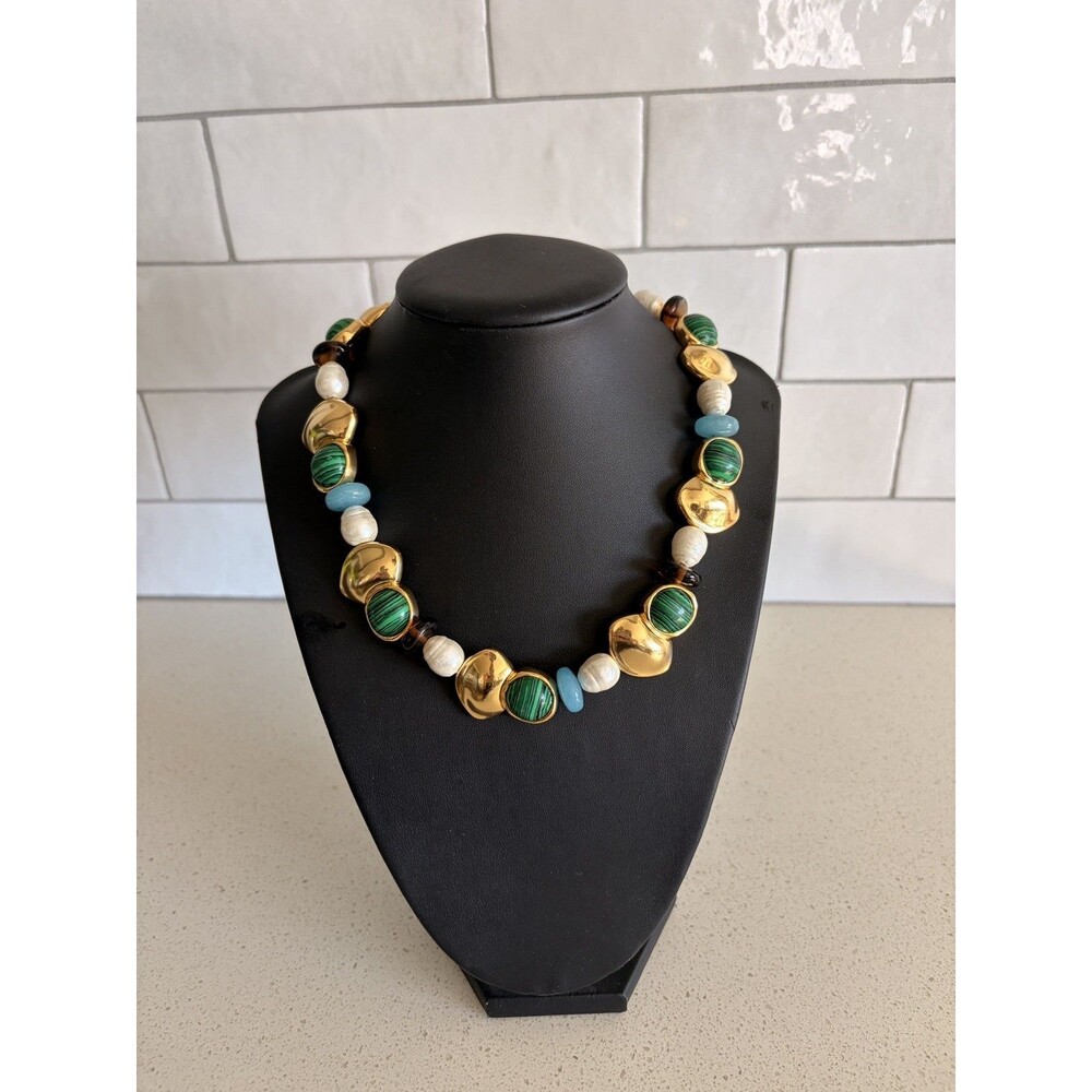J.Crew Necklace Mixed-Stone Asymmetrical Malachite Freshwater Pearl Gold Tone